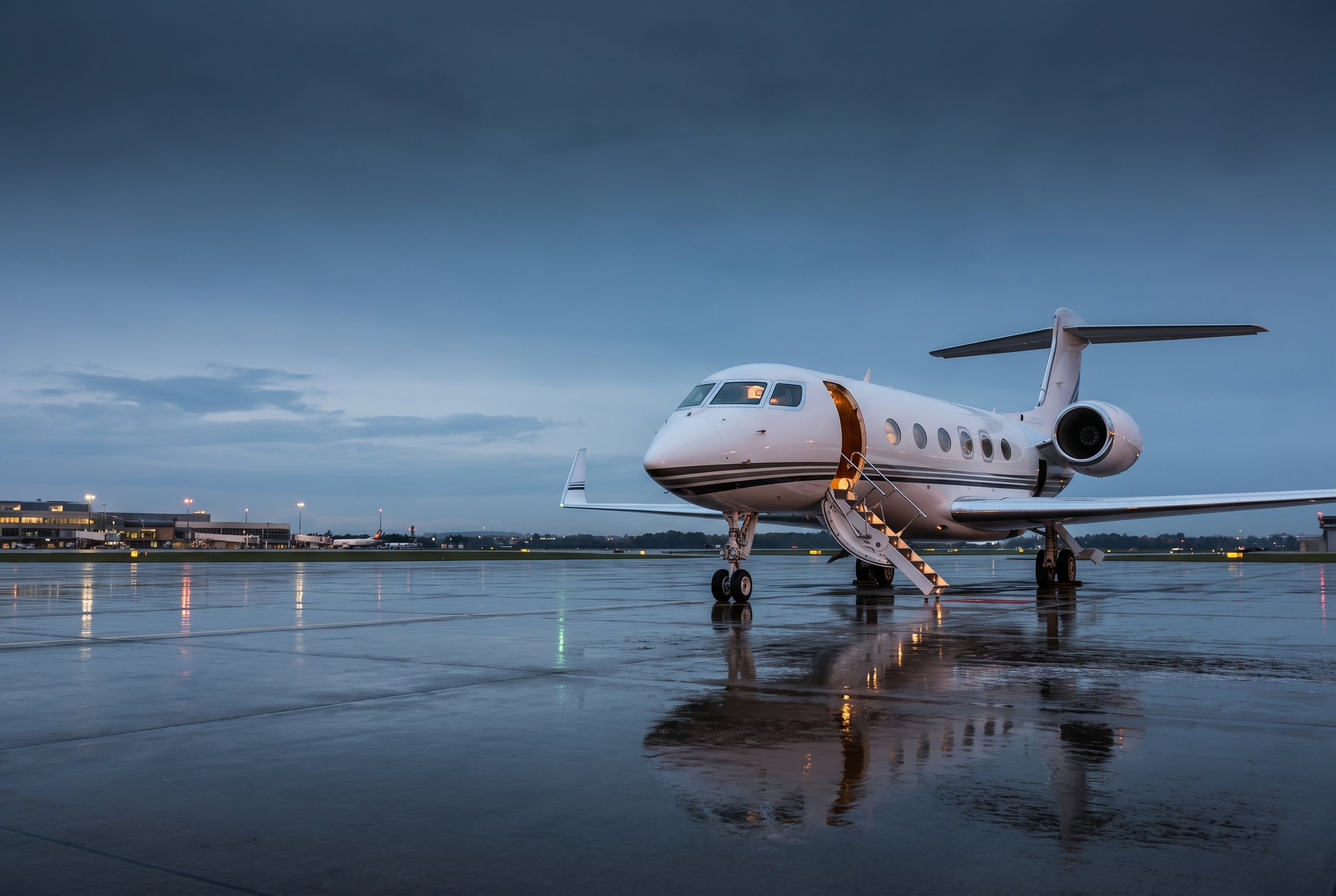 A Gulfstream private jet on a wet apron at dusk, airstair down