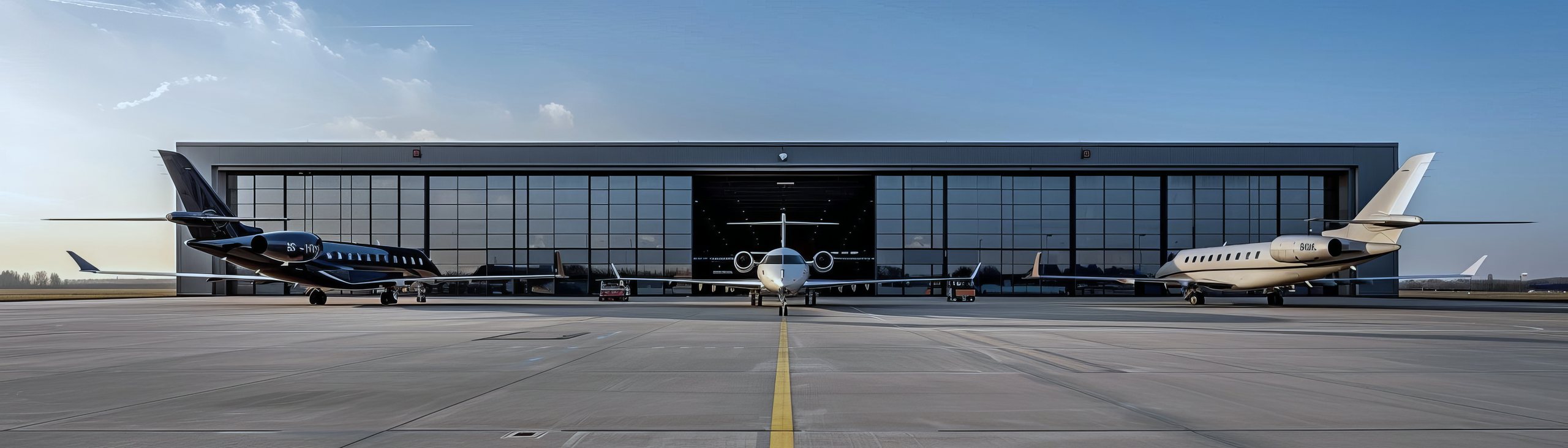 Private jets on the apron outside a modern hangar