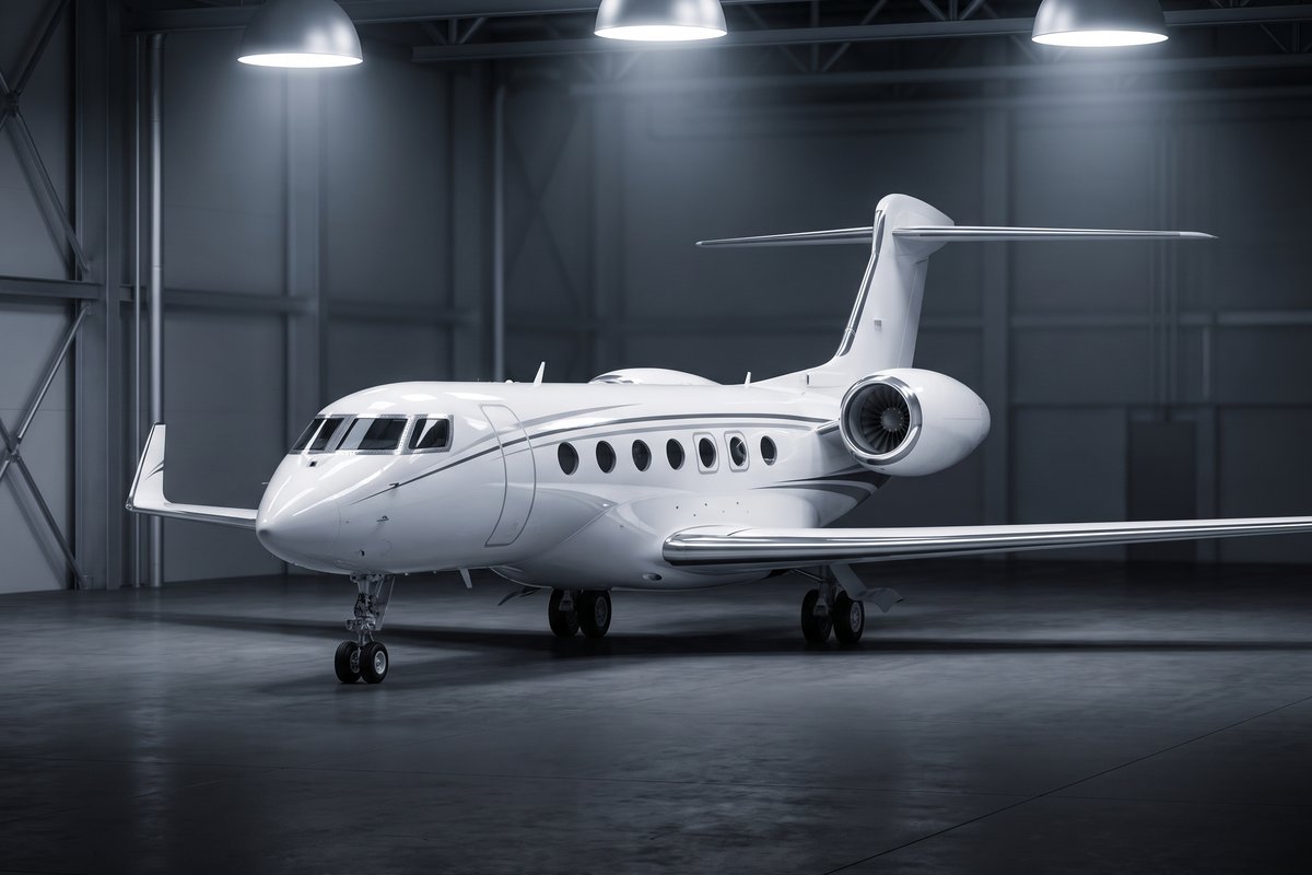 Large-cabin long-range business jet in a hangar