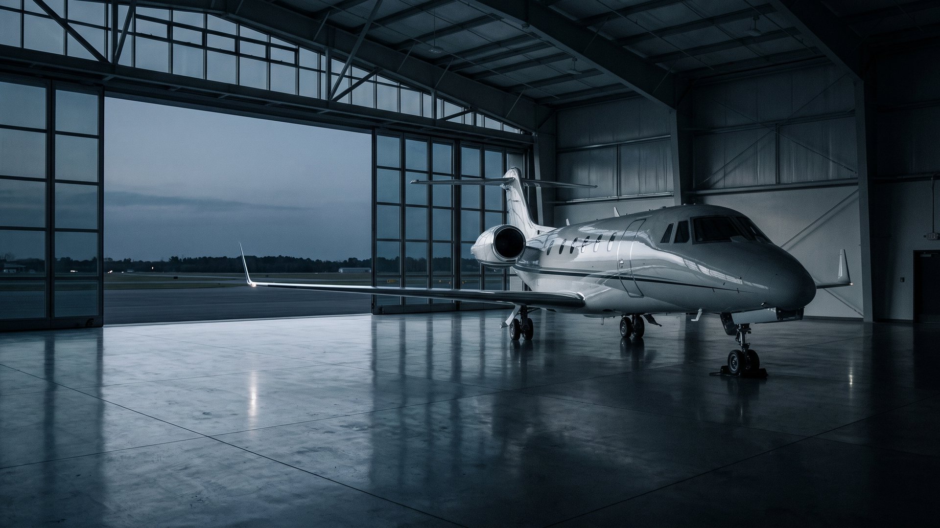 A private jet in a moody modern hangar at dusk